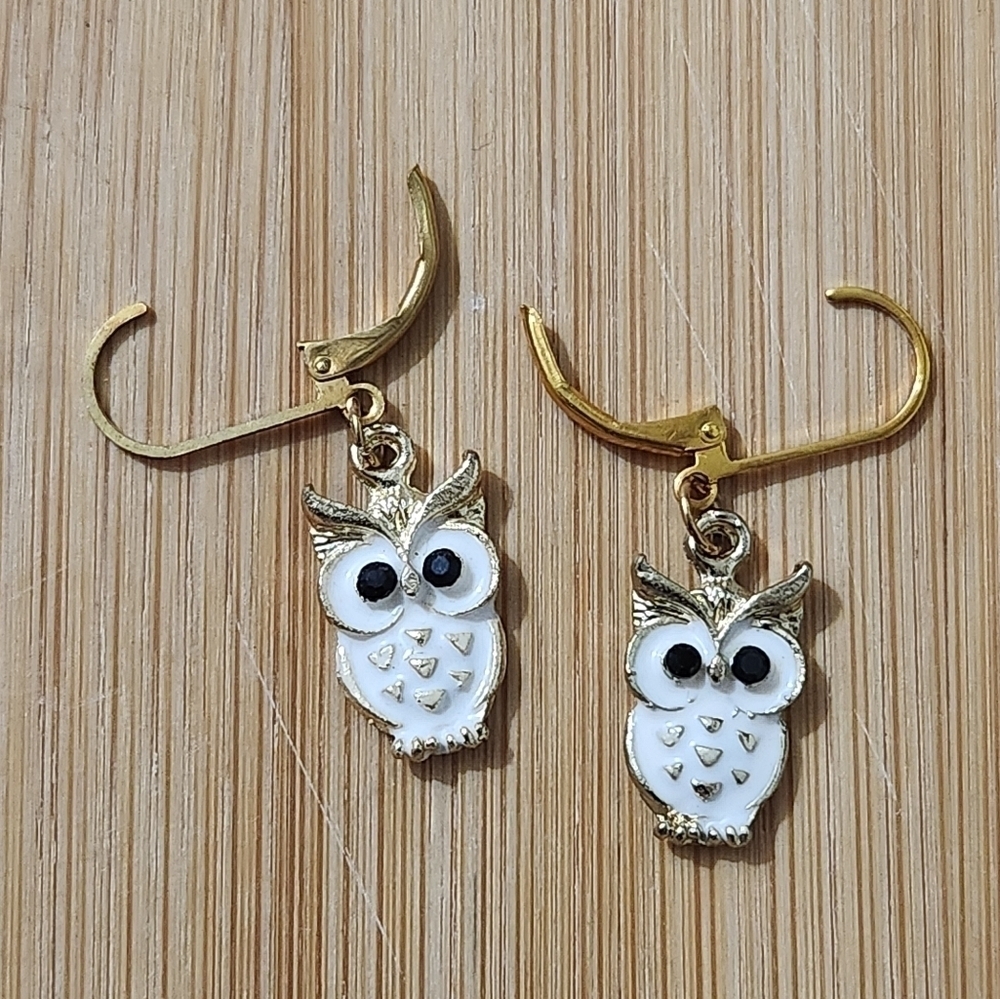 Hand Crafted Gold and White Owl Earrings Pierced Lever Back Enamel
